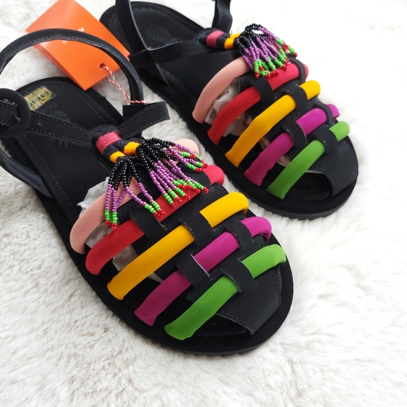 Farm Rio x Anthropologie Beaded Fringe Rainbow Tube Strappy Sandal - Picture 4 of 12